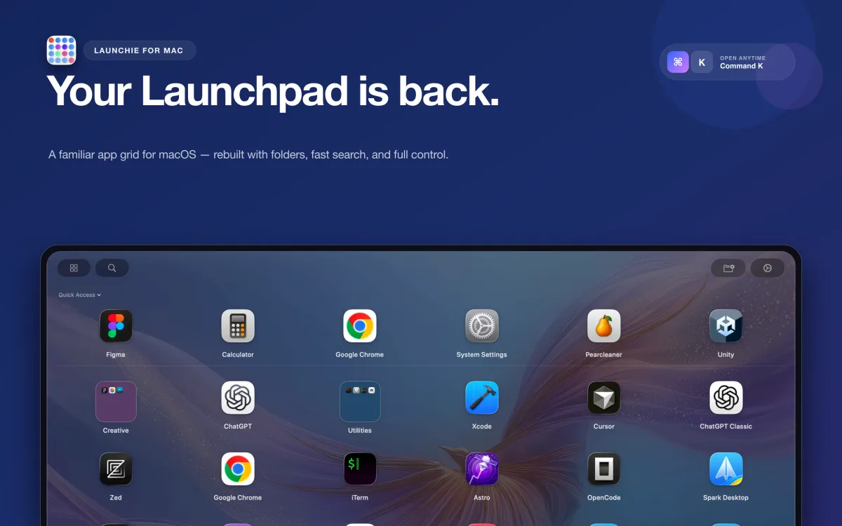Launchie showing a full grid of Mac apps