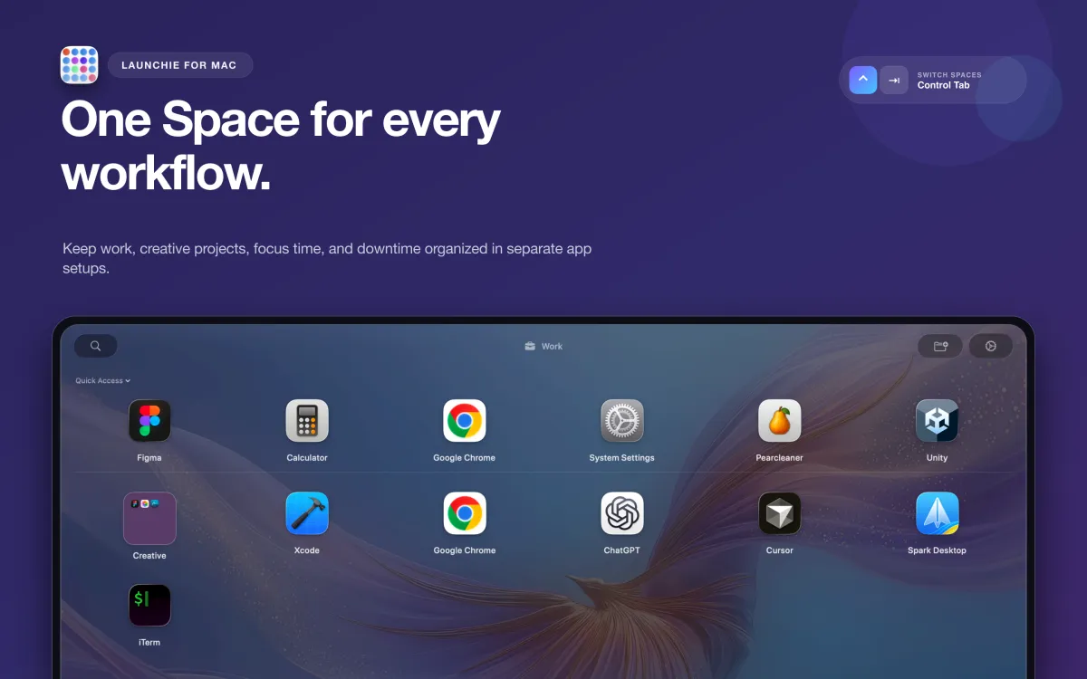 Launchie Spaces, showing separate workspaces
